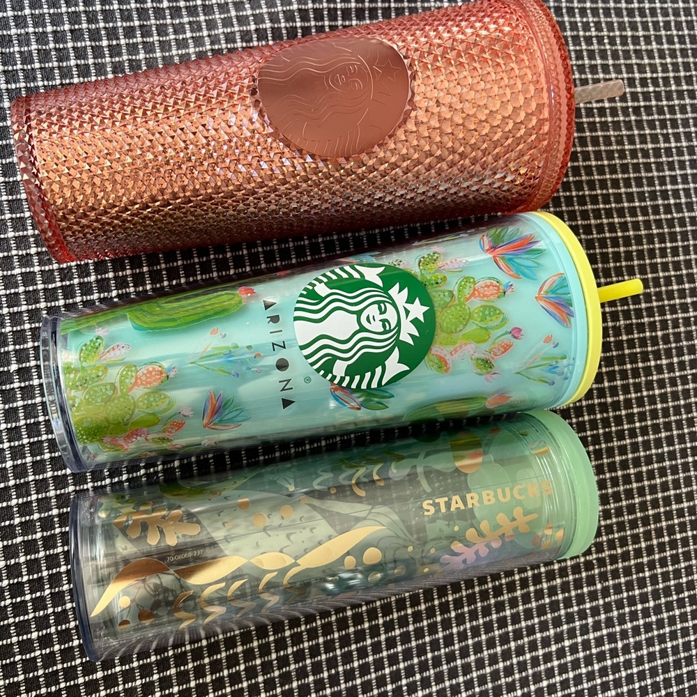 3 PEICE STARBUCKS LOT PINK CACTUS ARIZONA MERMAID TUMBLERS CUPS WOTH STRAW